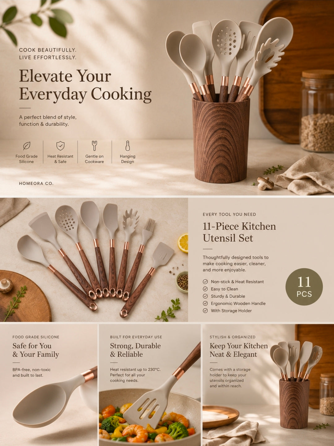 Premium Silicone Kitchen Utensil Set with Wooden Handles & Holder (11 - Piece)