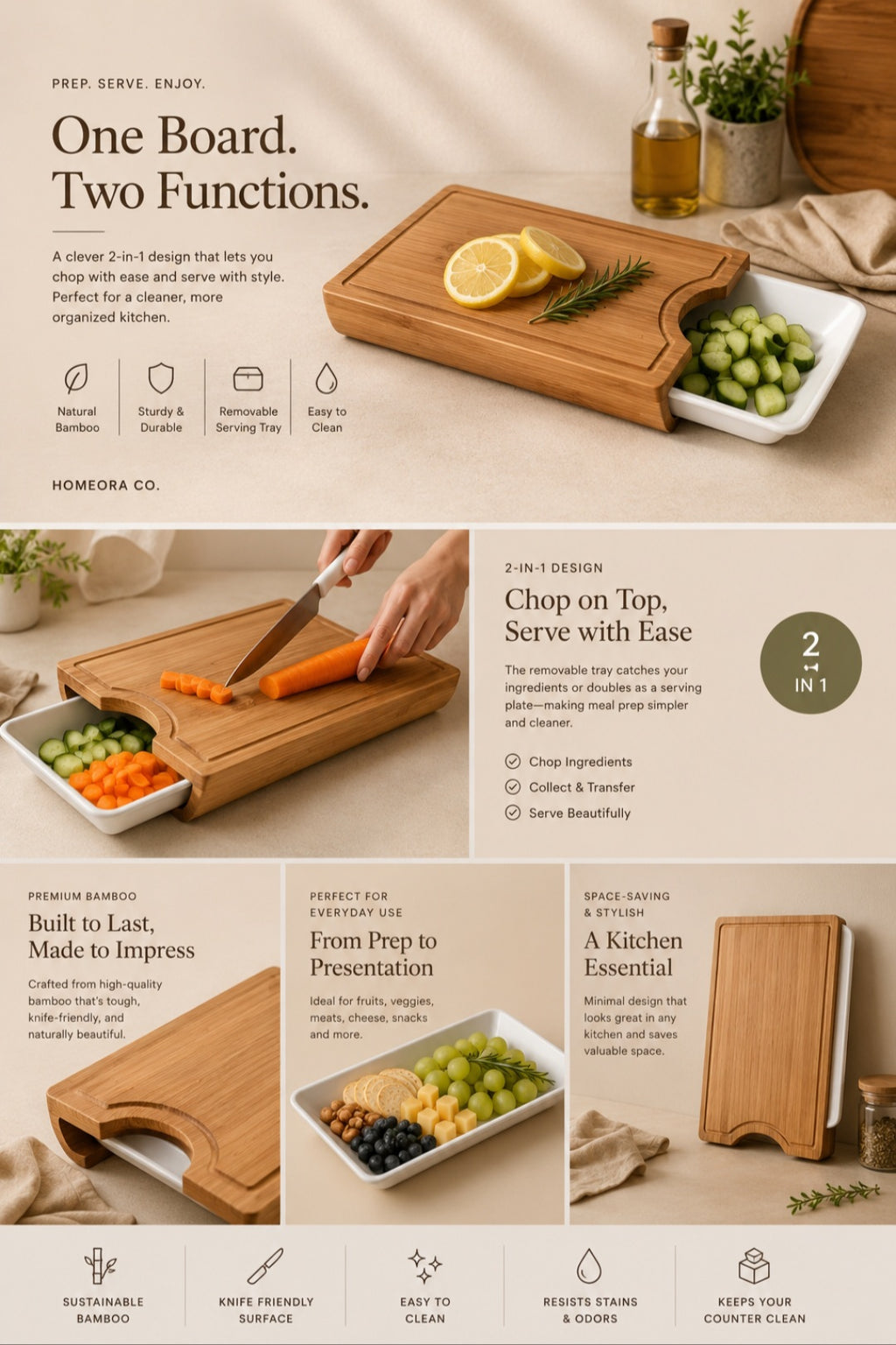 2-in-1 Bamboo Chopping Board with Serving Tray