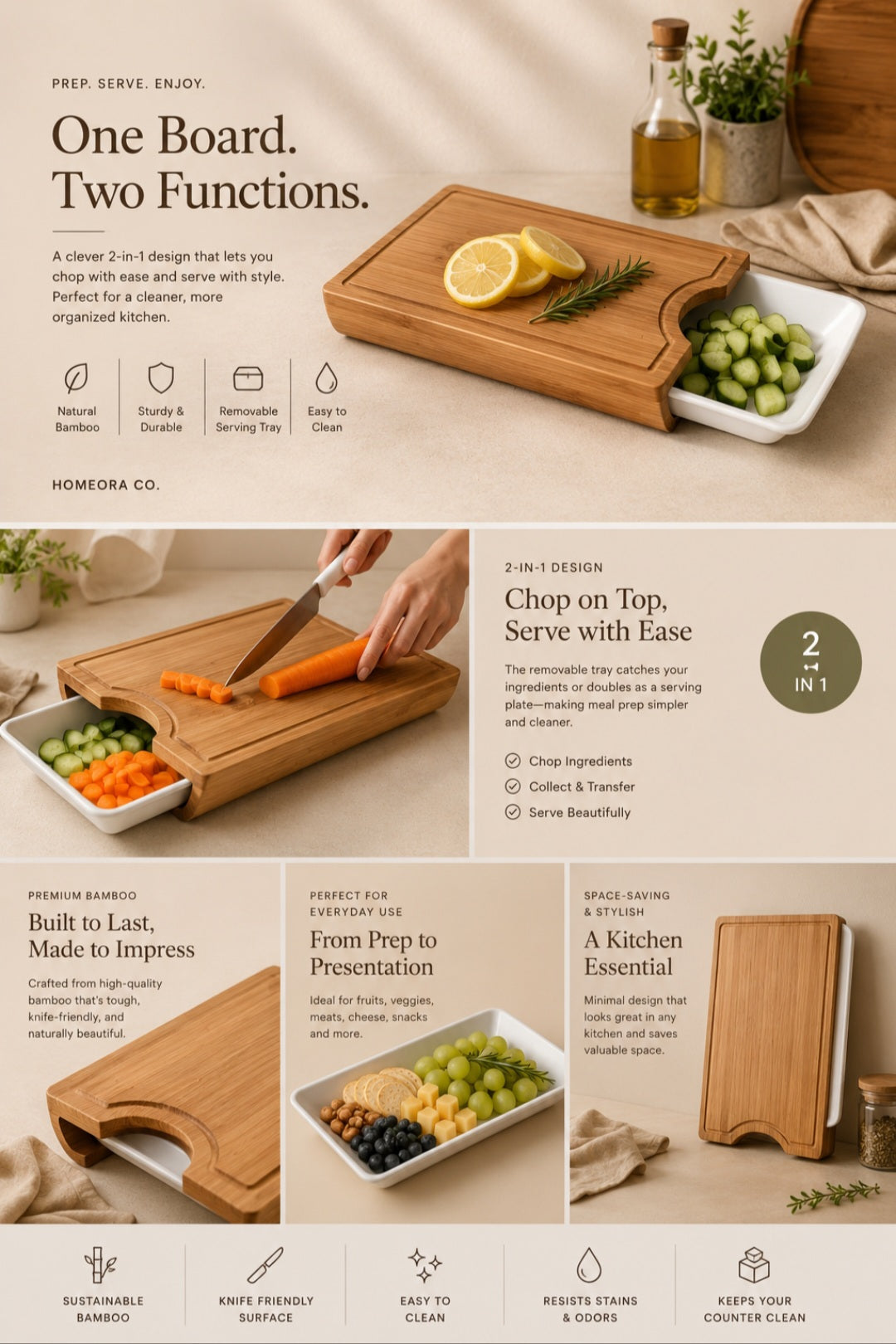 2-in-1 Bamboo Chopping Board with Serving Tray